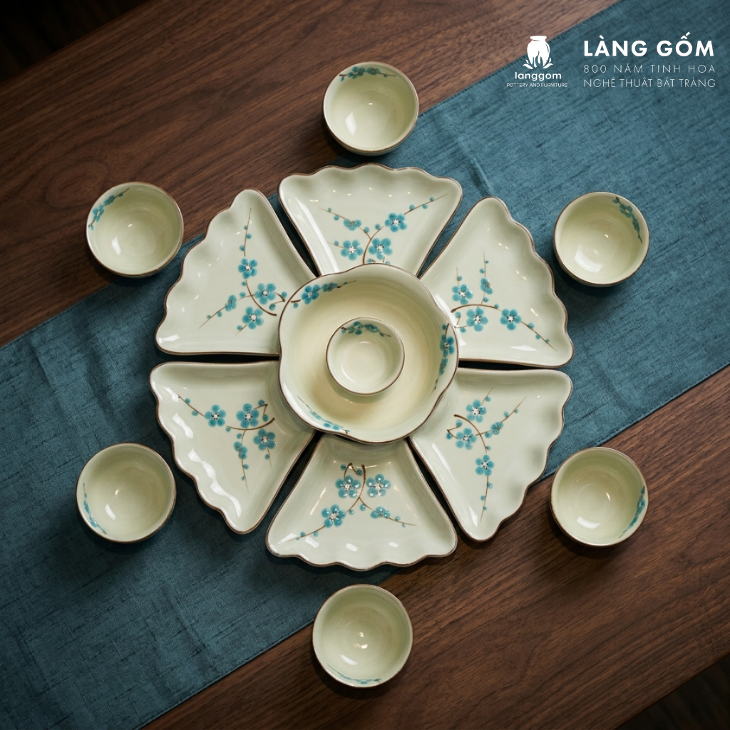  Bộ bát đĩa hoa mặt trời men kem đào xanh, gốm sứ Bát Tràng cao cấp 