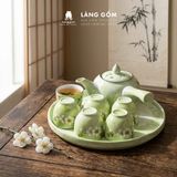  Bộ Ấm Chén Kèm Khay Tròn Bát Tràng Màu Vân Đá Vẽ Đào Trắng 350ml - Bộ Bình Trà Gốm Sứ Đẹp Làm Quà Tặng 