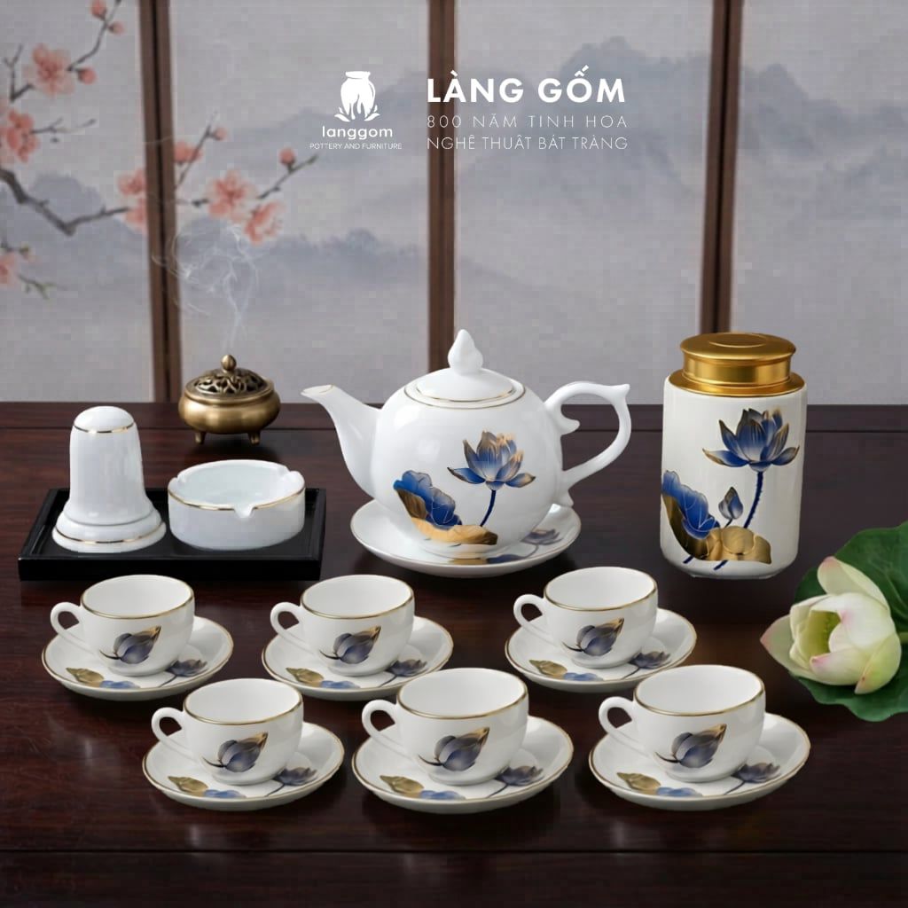 Bộ ấm chén dáng Bưởi lửa men trắng chỉ vàng vẽ sen xanh 