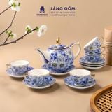  Bộ ấm chén men lam bách hoa thủ công gốm sứ Bát Tràng cao cấp - Bộ ấm trà men lam làm quà tặng sang trọng - Làng Gốm 