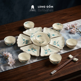  Bộ bát đĩa hoa mặt trời men kem đào xanh, gốm sứ Bát Tràng cao cấp 