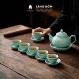  Bộ Ấm Chén Bát Tràng Thanh Ngọc Liên Hoa Họa Tiết Khắc Sen Chìm Thủ Công, Uống Trà Quà Tặng Cao Cấp - Làng Gốm 