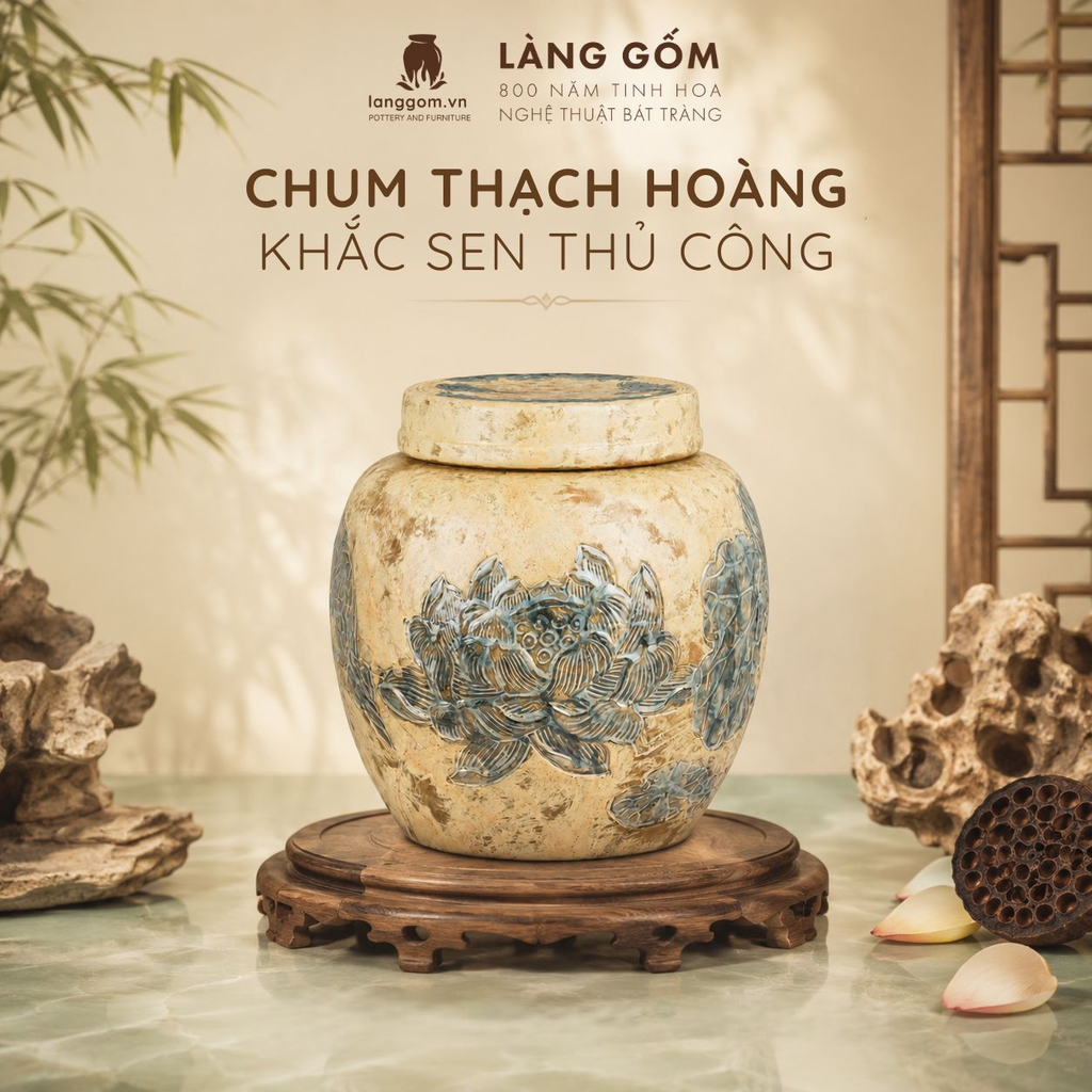  Chum Gốm Bát Tràng Thạch Hoàng Khắc Sen Thủ Công, Chum Sành Trang Trí, Quà Tặng Trang Trí Cao Cấp - Làng Gốm 