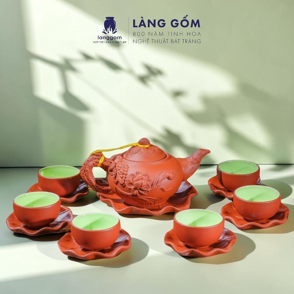 Bộ Ấm Chén Đất Nung Bát Tràng Cao Cấp Kèm Đĩa Cánh Sen Màu Đen - Bộ Ấm Trà Gốm Mộc Sang Trọng Làm Quà Tặng - Làng Gốm 