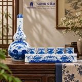  Nậm Rượu Lộc Phát Men Lam Vẽ Tay Hoa Sen Dáng 2 Bầu, Đồ Thờ Cúng, Bình Rượu Thờ - Gốm sứ Bát Tràng 