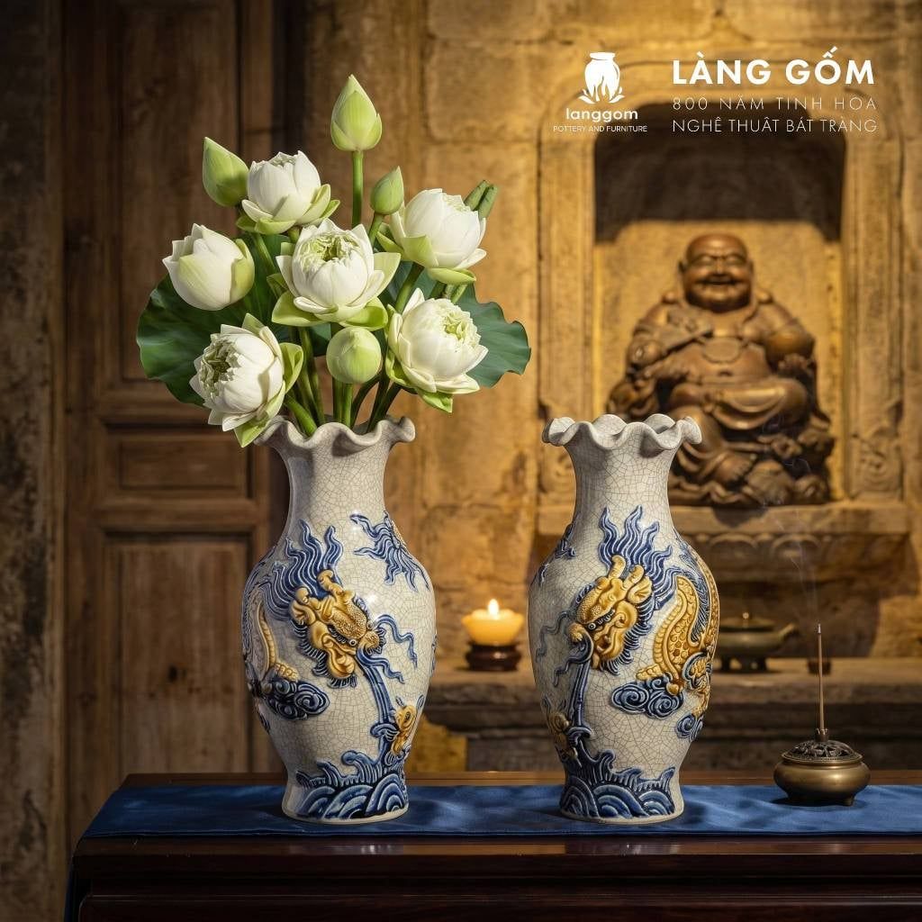  Bình Hoa, Lọ Hoa Bàn Thờ Miệng Lượn Men Rạn Đắp Nổi Họa Tiết Rồng, Chim Công Hoa Đào, Sen H24-60cm 
