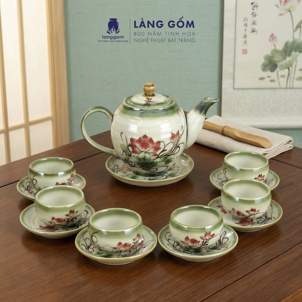  Bộ ấm chén dáng Minh Long hoạ tiết vẽ tay Bát Tràng cao cấp 