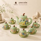  Bộ Ấm Trà Gốm Biên Hòa Men Bách Hoa Dáng Măng Cụt Khắc Nổi 