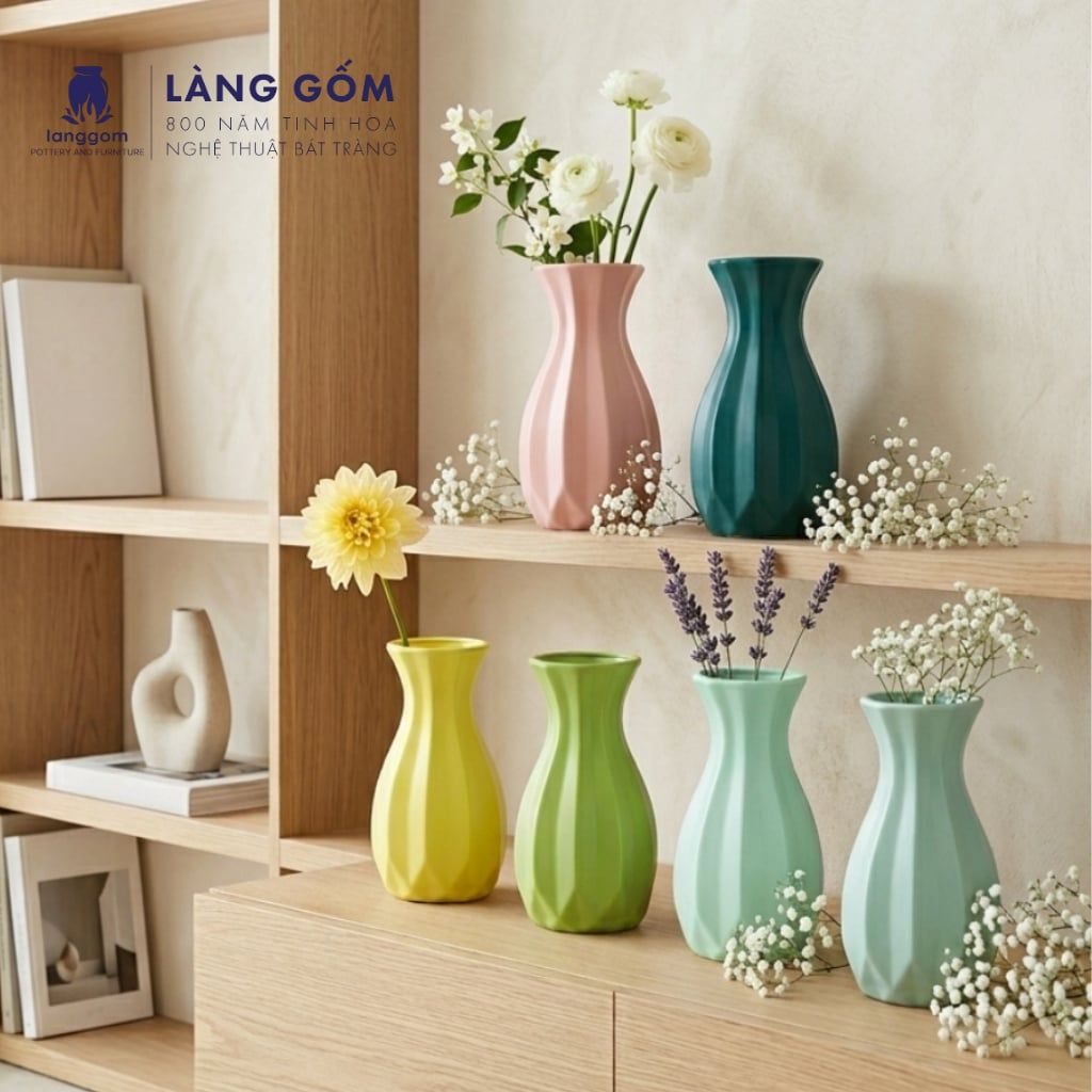  Bình Hoa Gốm Sứ Bát Tràng Men Matte Dáng Múi Khế Màu Pastel - Decor Bàn, Kệ, Phòng Khách 