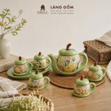  Bộ Ấm Trà Gốm Biên Hòa Men Bách Hoa Dáng Măng Cụt Khắc Nổi 