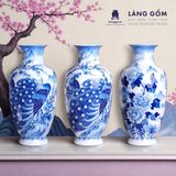  Lục bình phong thủy men lam Bát Tràng vẽ tay Khổng tước Cát Tường, Mẫu đơn Trường Xuân 