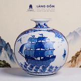  Bình tích lộc phong thủy Bát Tràng men lam cổ hoạ tiết Mã đáo thành công, Thuận buồm xuôi gió 