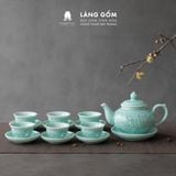  Bộ Ấm Chén Bát Tràng Thanh Ngọc Liên Hoa Họa Tiết Khắc Sen Chìm Thủ Công, Uống Trà Quà Tặng Cao Cấp - Làng Gốm 