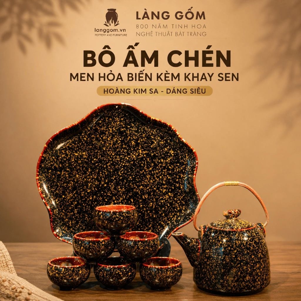  Bộ Ấm Chén Men Hỏa Biến Hoàng Kim Sa Kèm Khay Sen - Trà Cụ Cao Cấp Gốm Sứ Bát Tràng - Quà Tặng Sang Trọng 