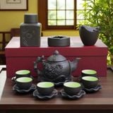  Bộ Ấm Chén Đất Nung Bát Tràng Cao Cấp Kèm Đĩa Cánh Sen Màu Đen - Bộ Ấm Trà Gốm Mộc Sang Trọng Làm Quà Tặng - Làng Gốm 