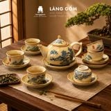  Bộ ấm chén Bát Tràng men hoàng thổ cao cấp kèm đĩa lót - Bộ ấm trà làm quà tặng sang trọng - Làng Gốm 
