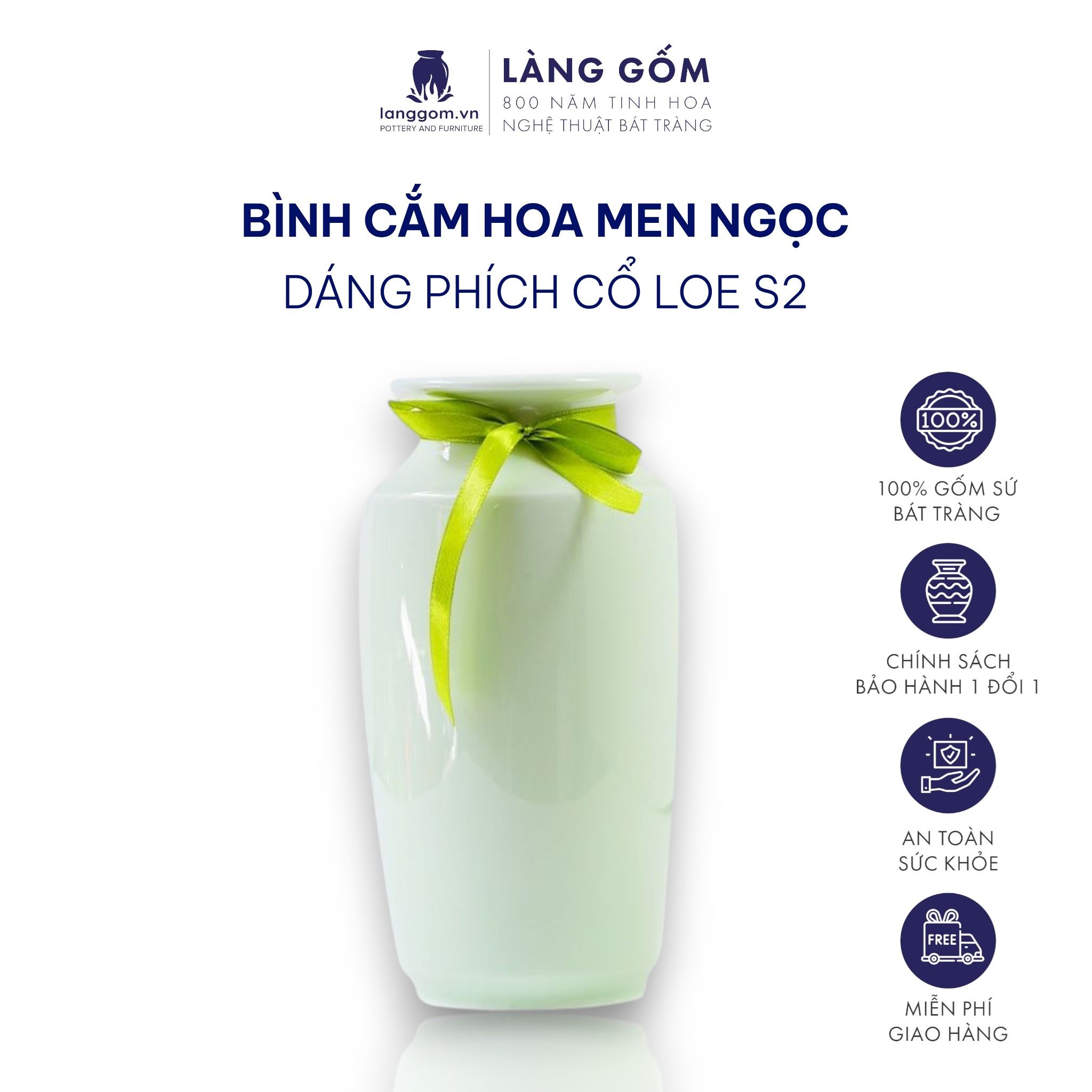  Bình hoa men ngọc dáng phích cổ loe 