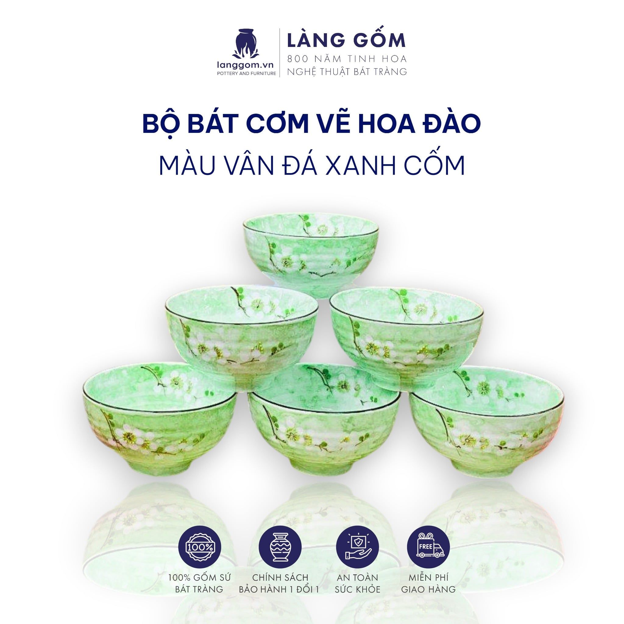  Bộ bát cơm vân đá vẽ hoa đào trắng (TH) 