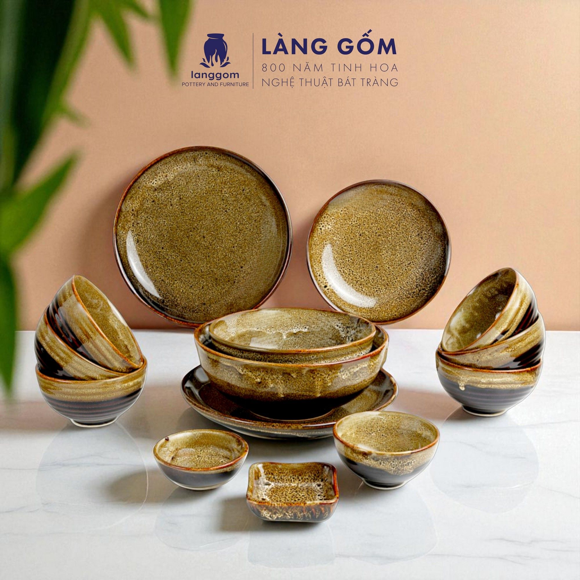  Bộ bàn ăn men hỏa biến 14 món - Màu gấm vàng 