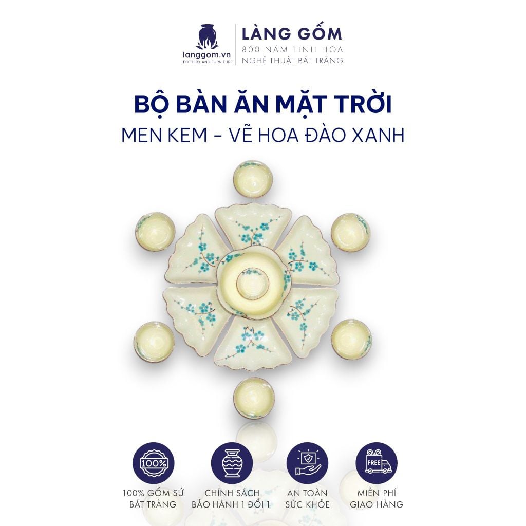  Bộ bát đĩa hoa mặt trời men kem đào xanh 