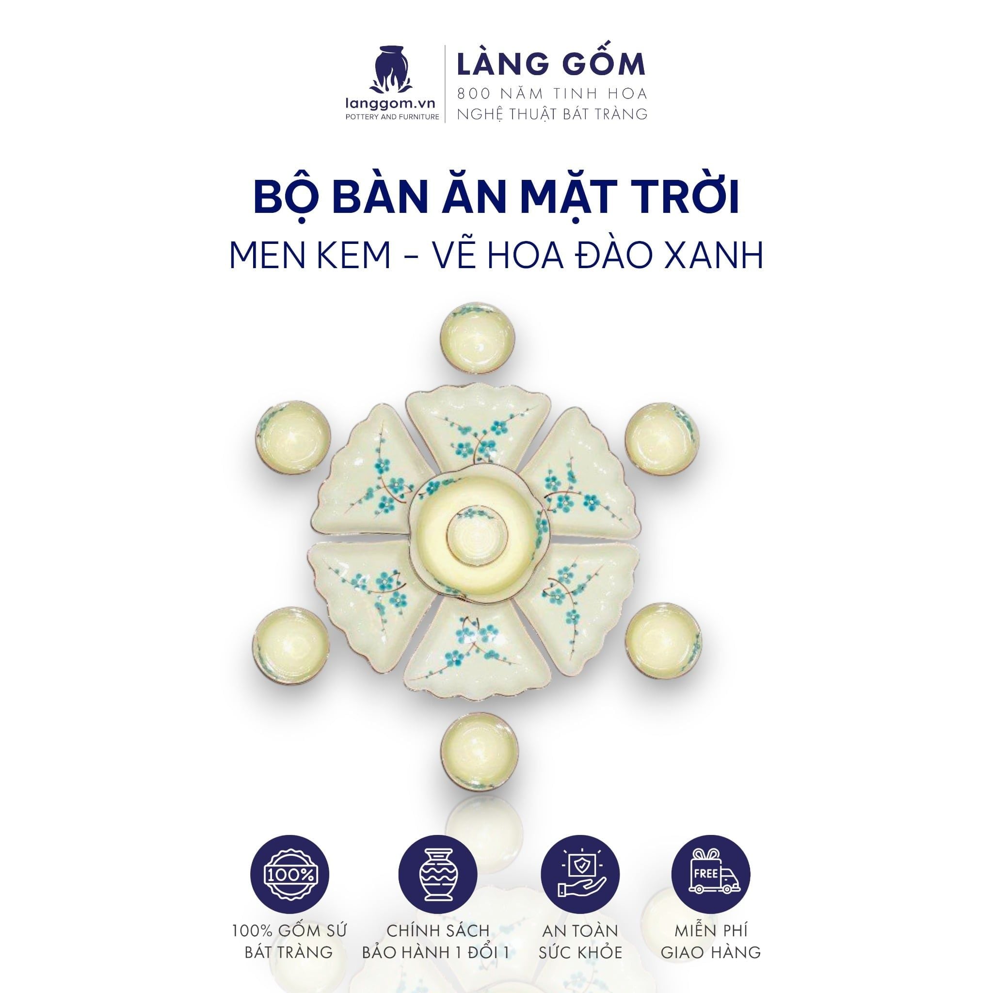  Bộ bát đĩa hoa mặt trời men kem đào xanh 