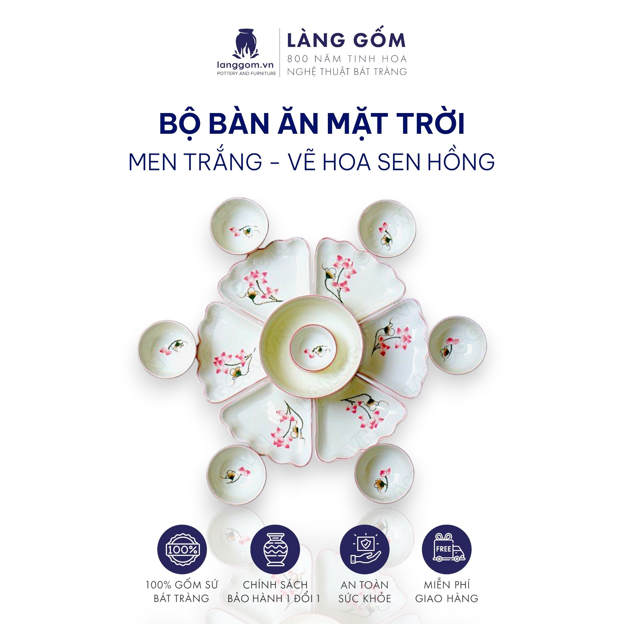  Bộ bát đĩa hoa mặt trời men trắng vẽ hoa sen hồng 