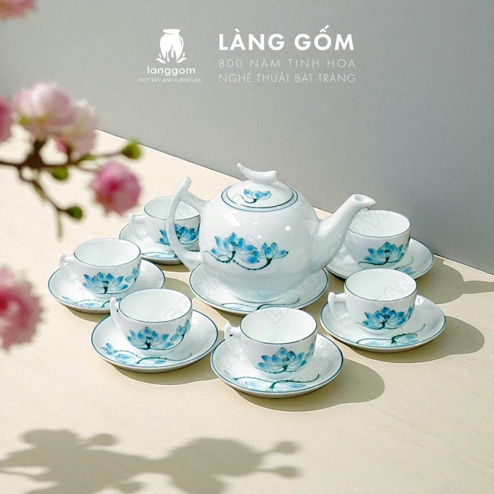  Bộ ấm chén bưởi cành men trắng vẽ hoa sen xanh 