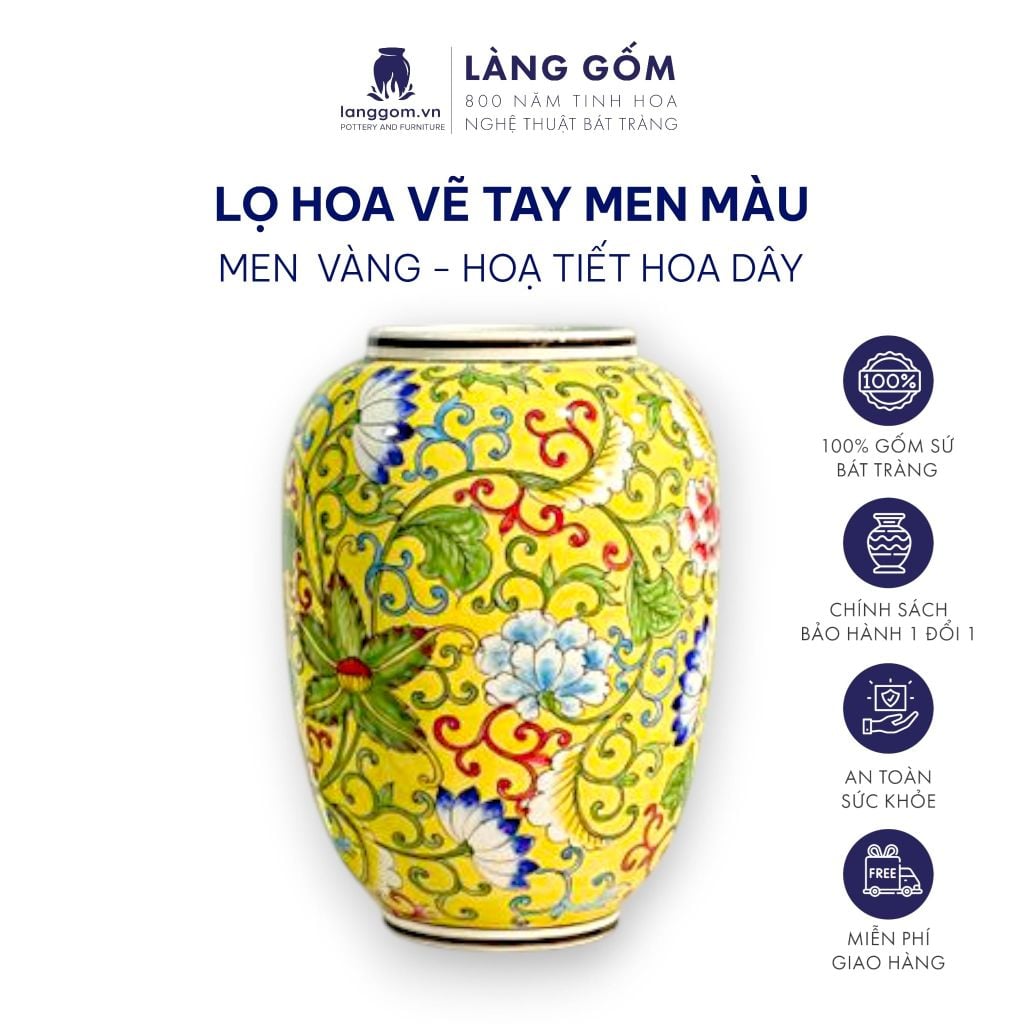  Bình hoa men màu vàng họa tiết vẽ hoa dây 
