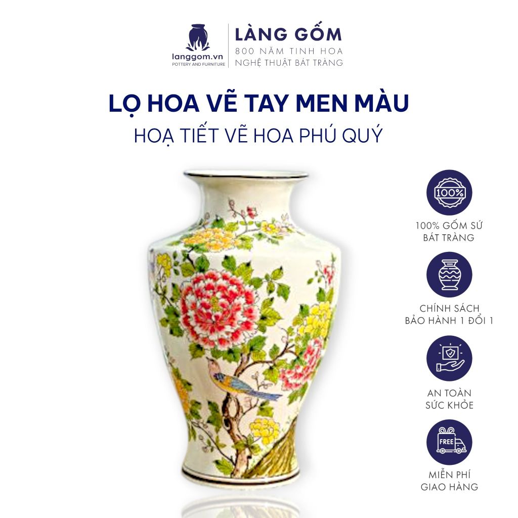  Bình hoa men màu vẽ tay họa tiết hoa phú quý 