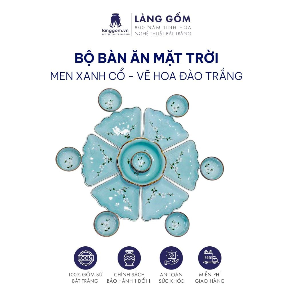  Bộ bát đĩa hoa mặt trời men xanh cổ hoa đào trắng 