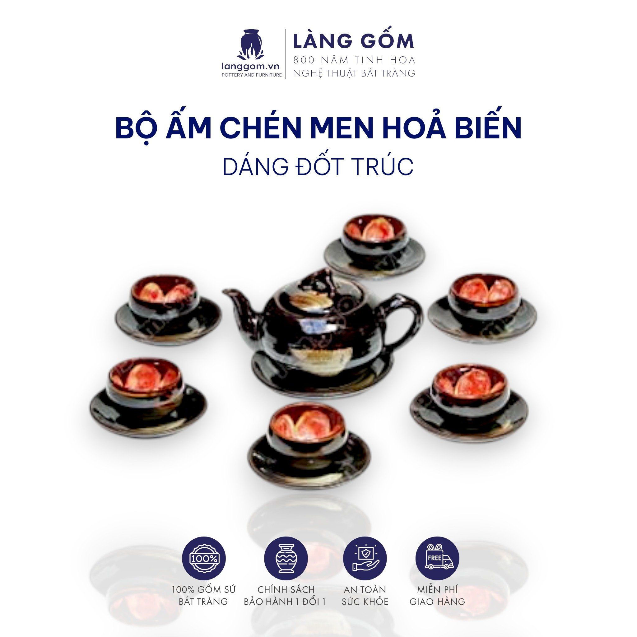  Bộ ấm chén men hoả biến dáng đốt trúc 