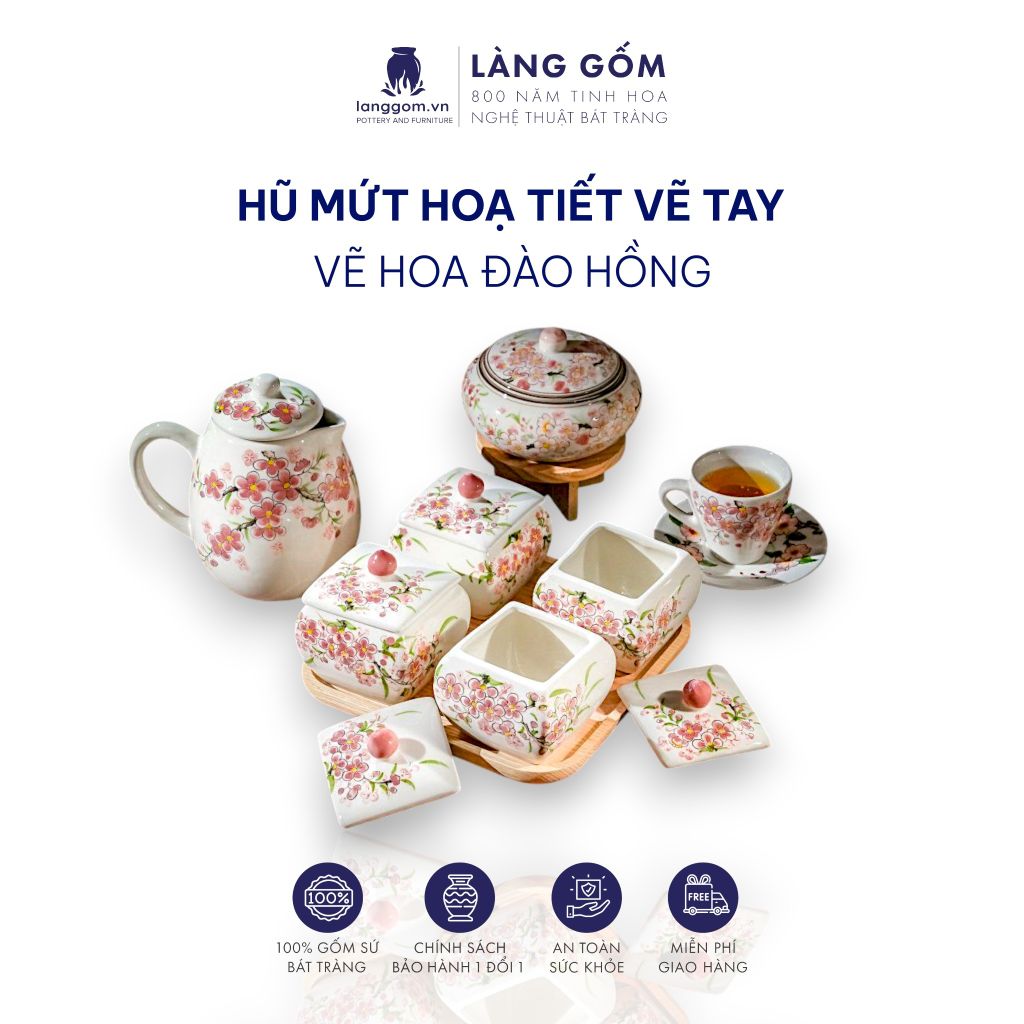  Hũ mứt sứ họa tiết vẽ tay thủ công dáng vuông, tròn 