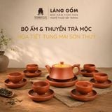 Bộ ấm trà gốm mộc đất nung kèm thuyền trà - Bộ ấm tử sa pha trà - Quà tặng cao cấp - Gốm sứ Bát Tràng 