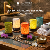  Đèn xông tinh dầu, đèn sứ thấu quang màu vân đá khắc nổi hoa xông tinh dầu spa, thư giãn 