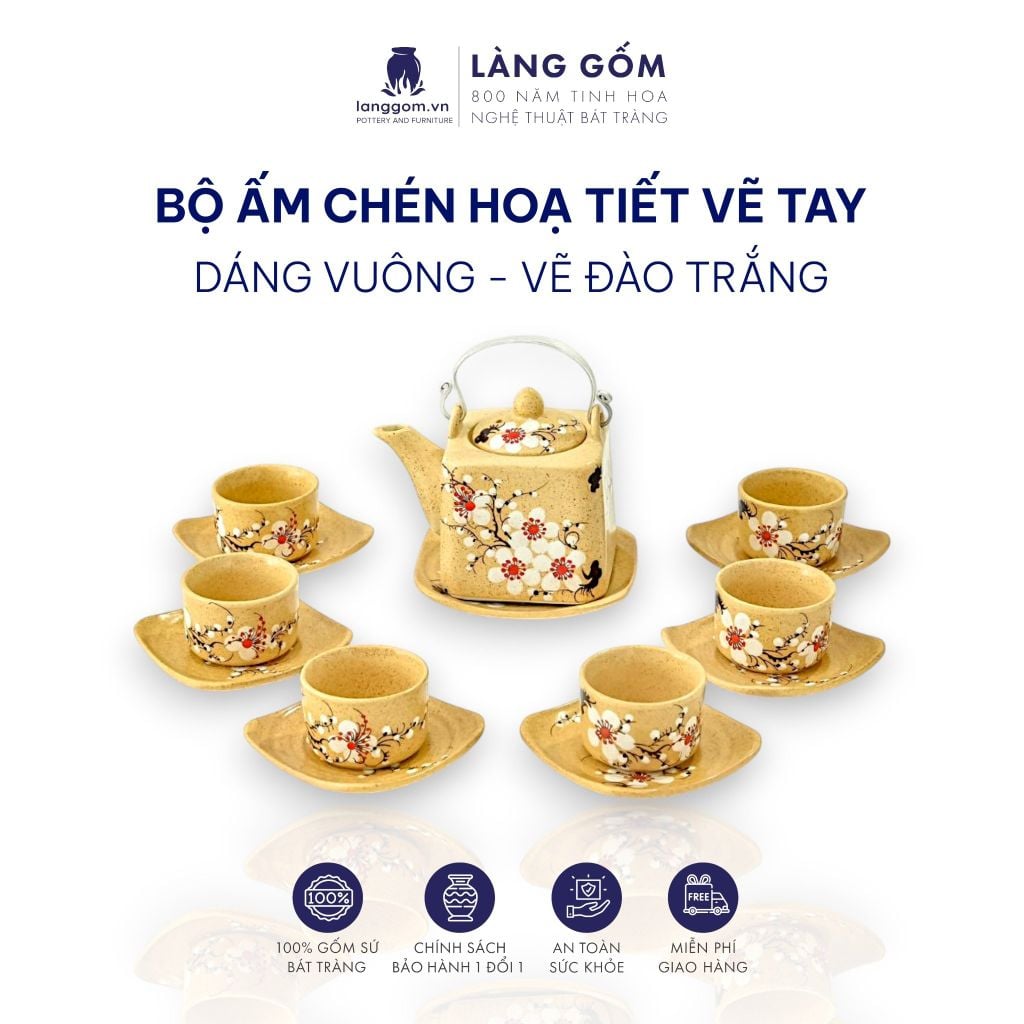  Bộ ấm chén vẽ tay dáng vuông nhiều họa tiết 