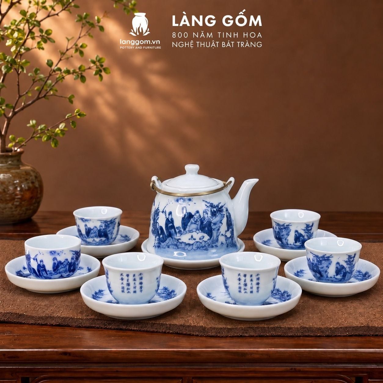  Bộ Ấm Trà Bát Tràng Men Lam Họa Tiết Sơn Thủy, Bộ Ấm Chén Uống Trà, Tiếp Khách, Quà Tặng - Gốm sứ Bát Tràng - Làng Gốm 