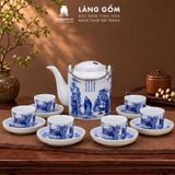 Bộ Ấm Trà Bát Tràng Men Lam Họa Tiết Sơn Thủy, Bộ Ấm Chén Uống Trà, Tiếp Khách, Quà Tặng - Gốm sứ Bát Tràng - Làng Gốm 