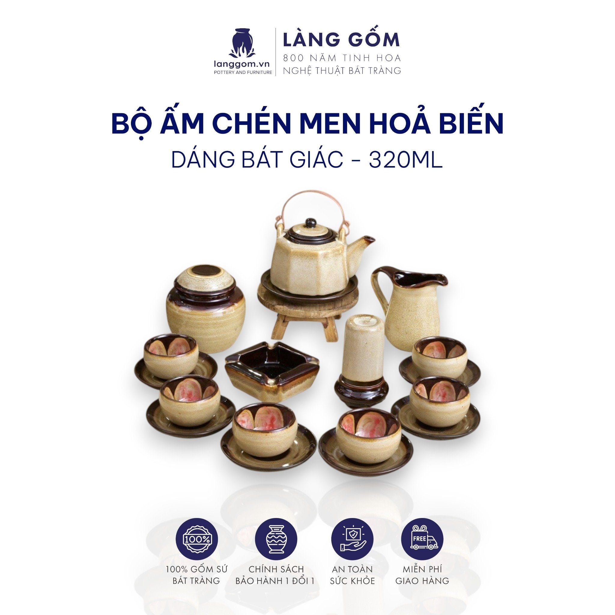  Bộ ấm chén men hoả biến dáng bát giác dung tích 320ml 