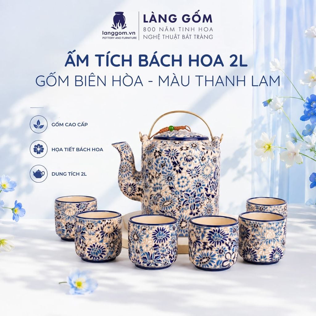  Bộ Ấm Trà Ấm Tích Bách Hoa 2L Men Thanh Lam Khắc Nổi Thủ Công 