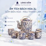  Bộ Ấm Trà Ấm Tích Bách Hoa 2L Men Thanh Lam Khắc Nổi Thủ Công 