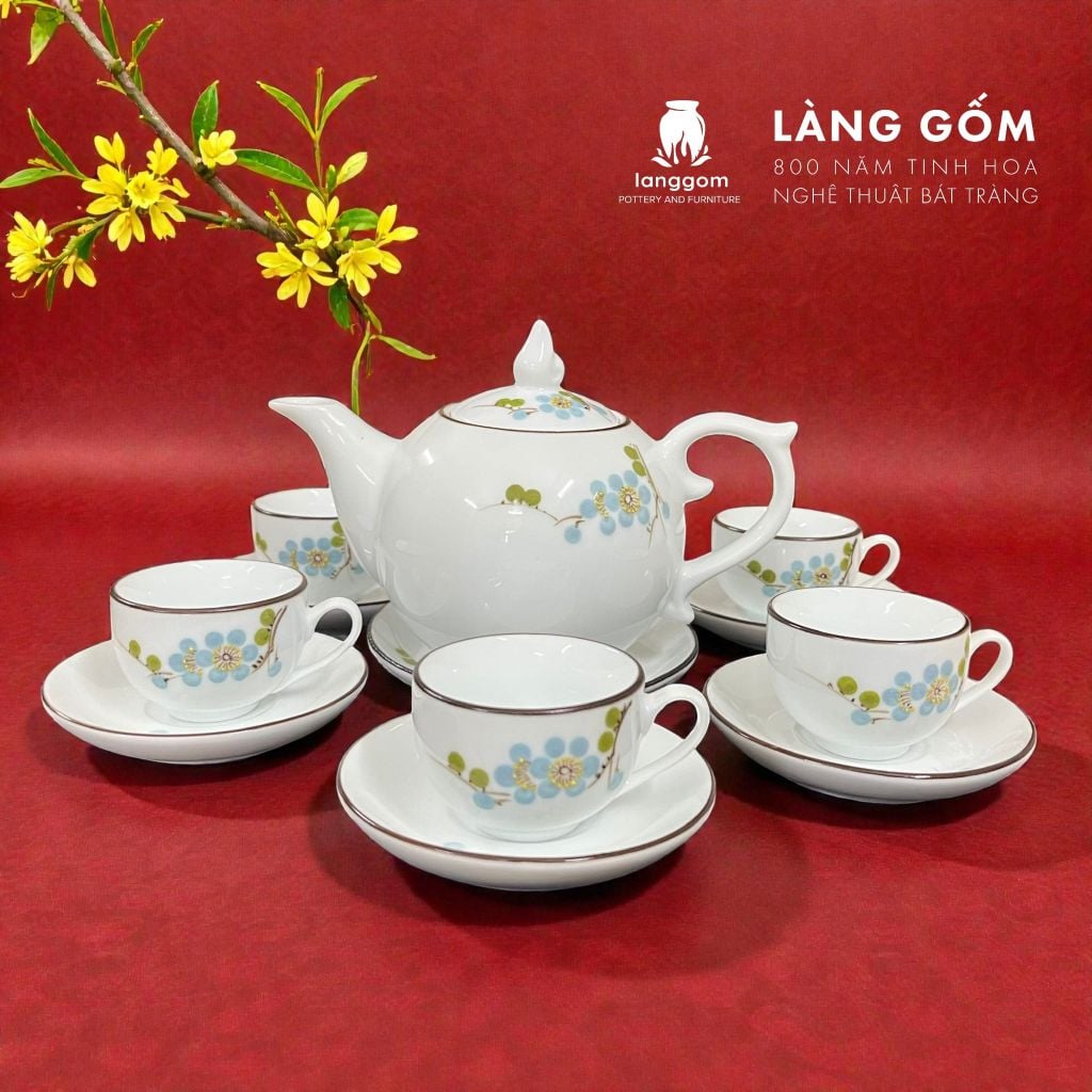  [GIÀM 20% - QUÀ TẾT 2026] Bộ ấm chén men trắng bưởi lửa vẽ hoa đào xanh kèm hộp 