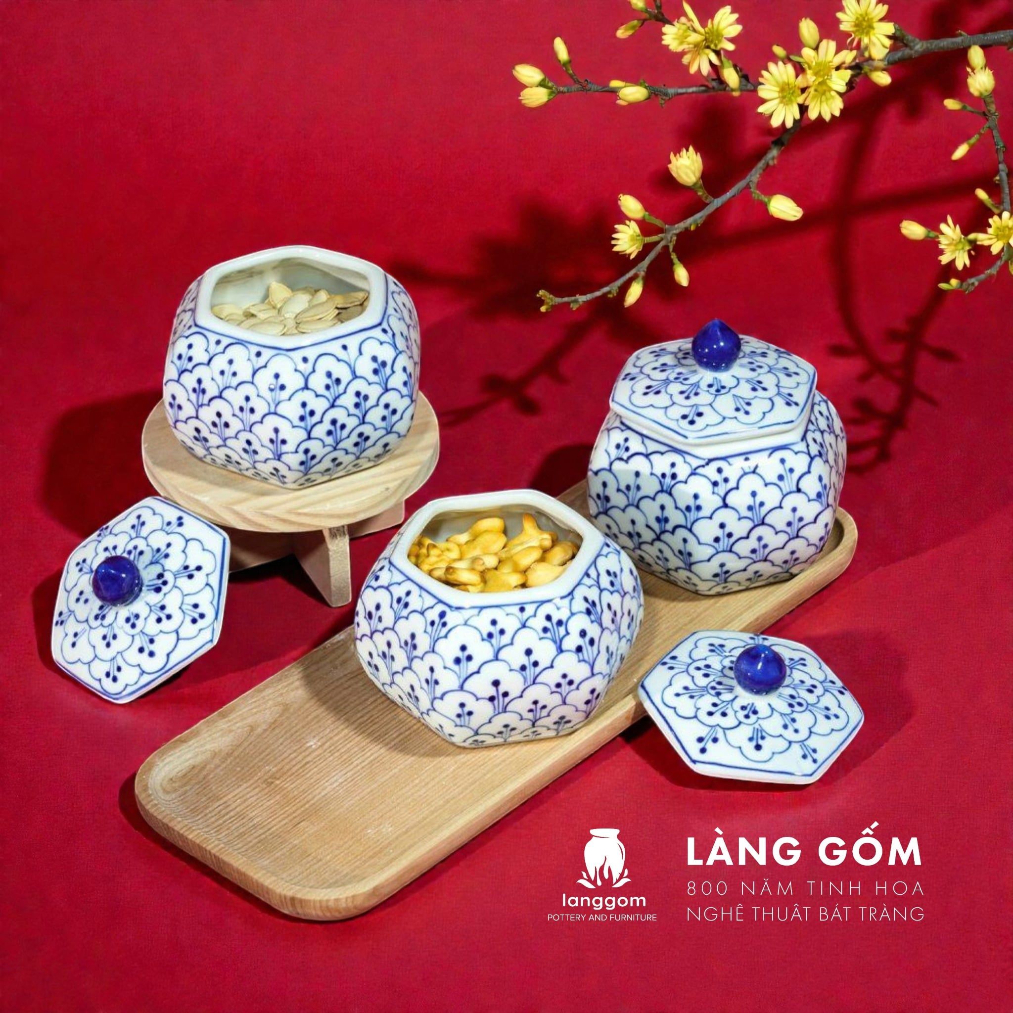  Bô Hũ Mứt Hoạ Tiết Vẽ Hoa Gốm Sứ Bát Tràng 