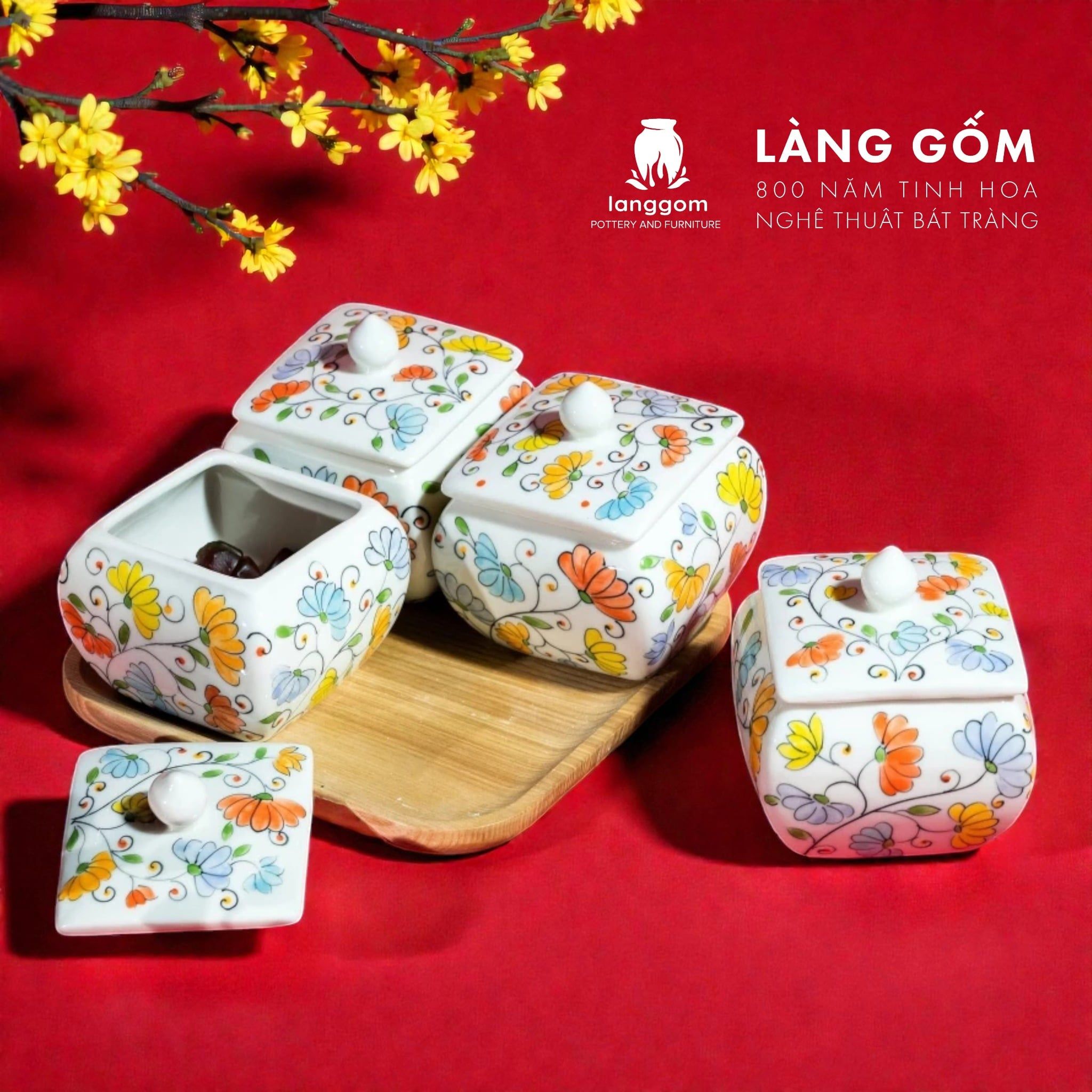  Bô Hũ Mứt Hoạ Tiết Vẽ Hoa Gốm Sứ Bát Tràng 