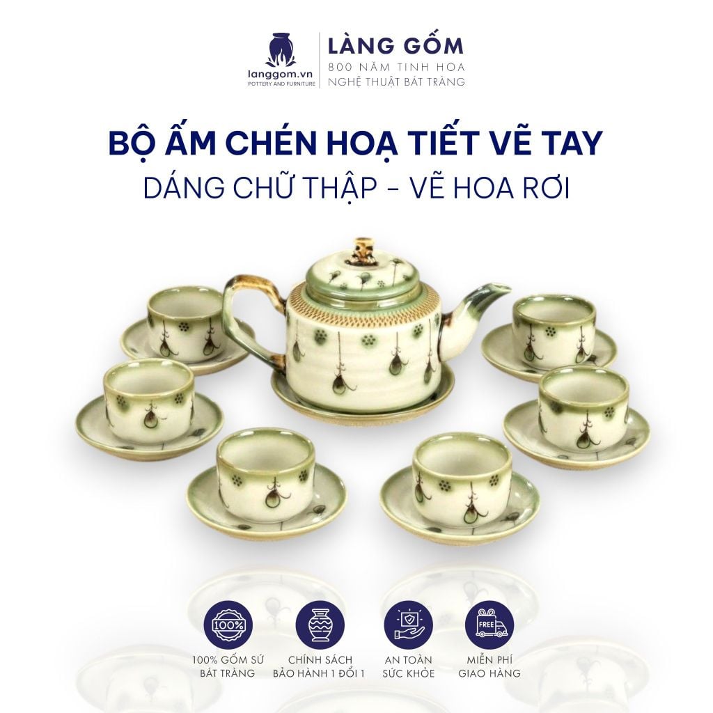  Bộ ấm chén vẽ tay kiểu chữ thập vẽ hoa - dung tích 500ml 