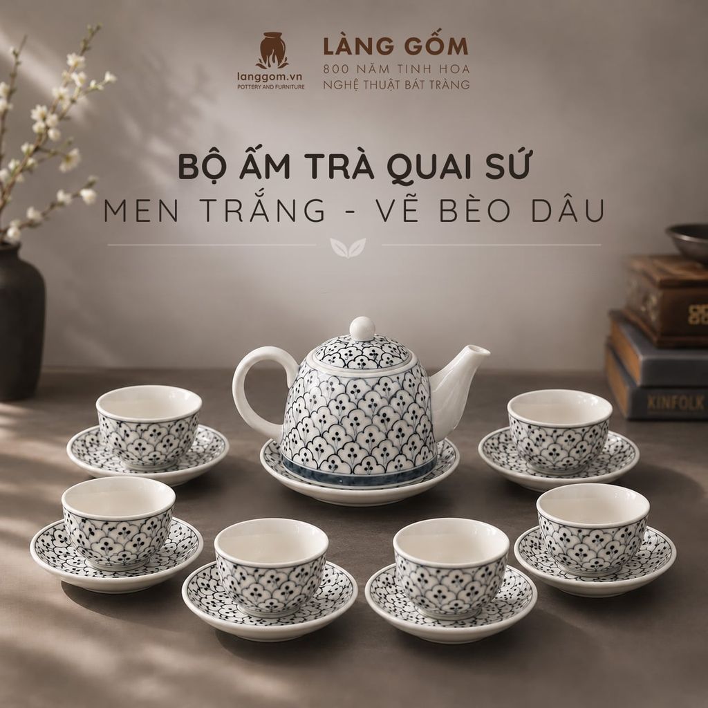  Bộ Ấm Trà Quai Sứ Bát Tràng Họa Tiết Vẽ Tay Thủ Công (450ml) 