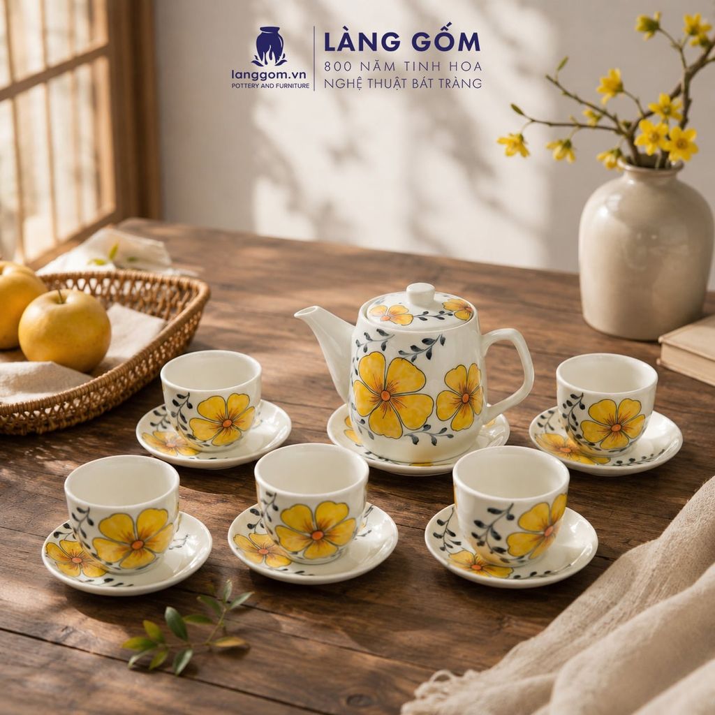  Bộ Ấm Trà Bát Tràng Quai Sứ Họa Tiết Vẽ Tay Thủ Công Cao Cấp (750ml) 
