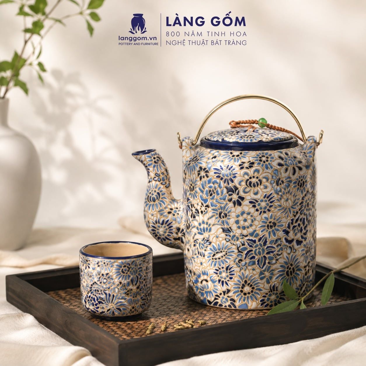  Bộ Ấm Trà Ấm Tích Bách Hoa 2L Men Thanh Lam Khắc Nổi Thủ Công 