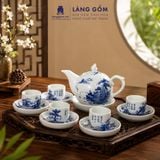  Bộ Ấm Trà Bát Tràng Men Lam Họa Tiết Sơn Thủy, Bộ Ấm Chén Uống Trà, Tiếp Khách, Quà Tặng - Gốm sứ Bát Tràng - Làng Gốm 