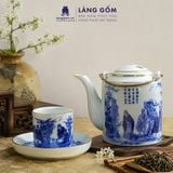  Bộ Ấm Trà Bát Tràng Men Lam Họa Tiết Sơn Thủy, Bộ Ấm Chén Uống Trà, Tiếp Khách, Quà Tặng - Gốm sứ Bát Tràng - Làng Gốm 