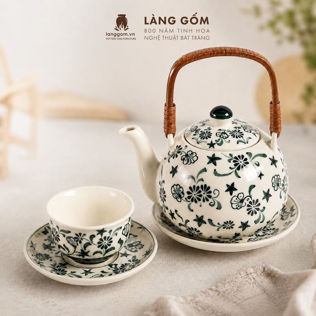  Bộ Ấm Trà Quai Mây Gốm Sứ Bát Tràng Họa Tiết Vẽ Tay Thủ Công 